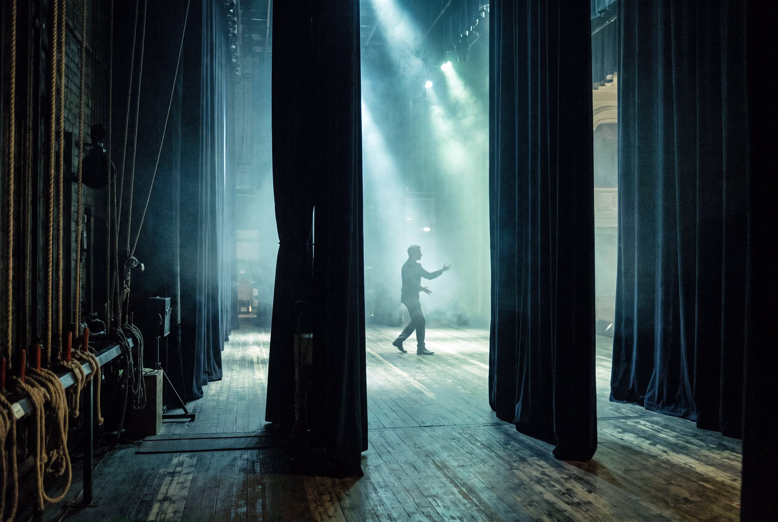 Theatre stage with curtain and dramatic haze lighting