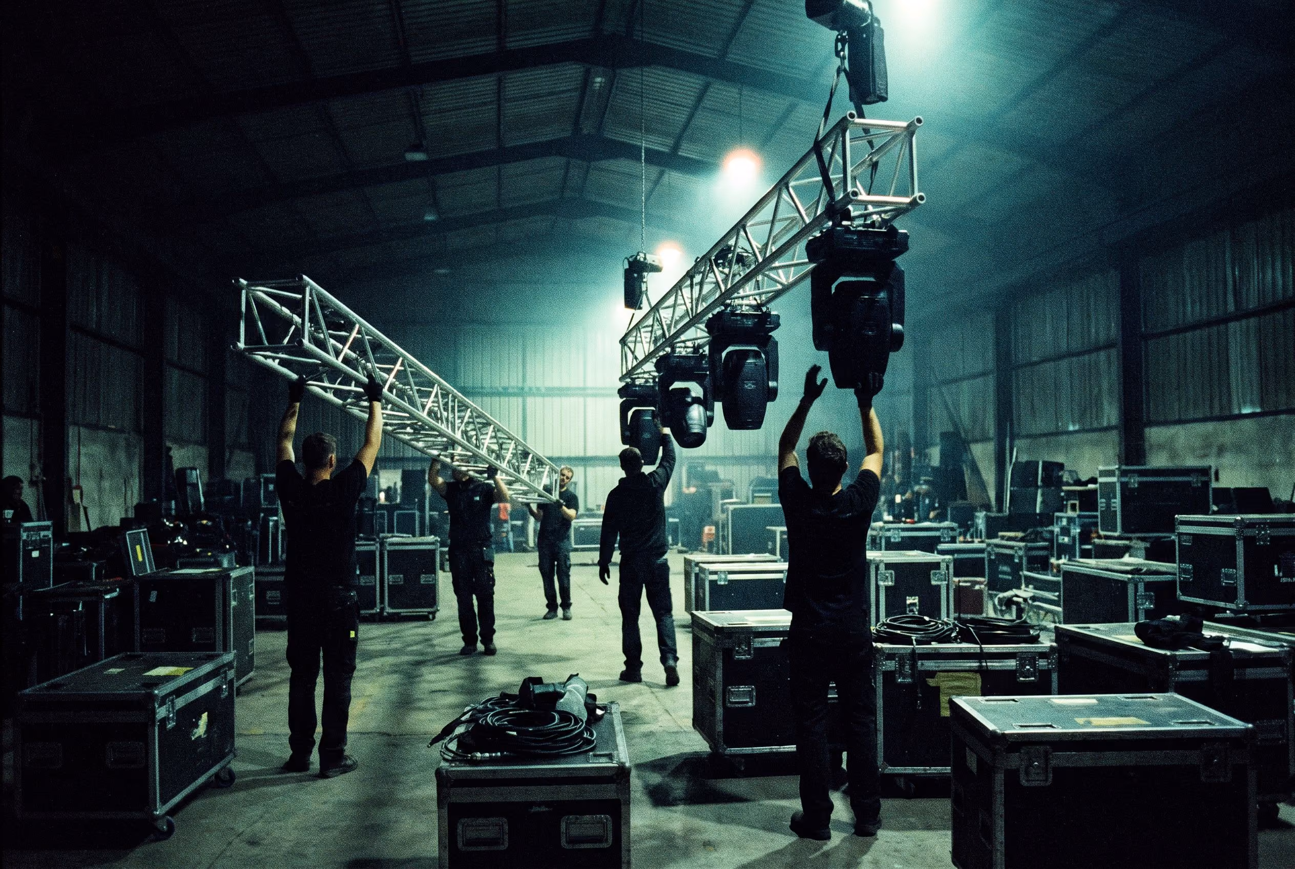 Crew rigging lights and truss inside a warehouse venue