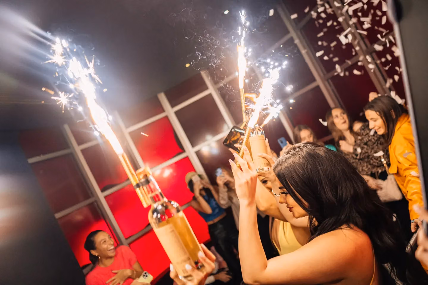 A bottle with sparklers held up over the crowd
