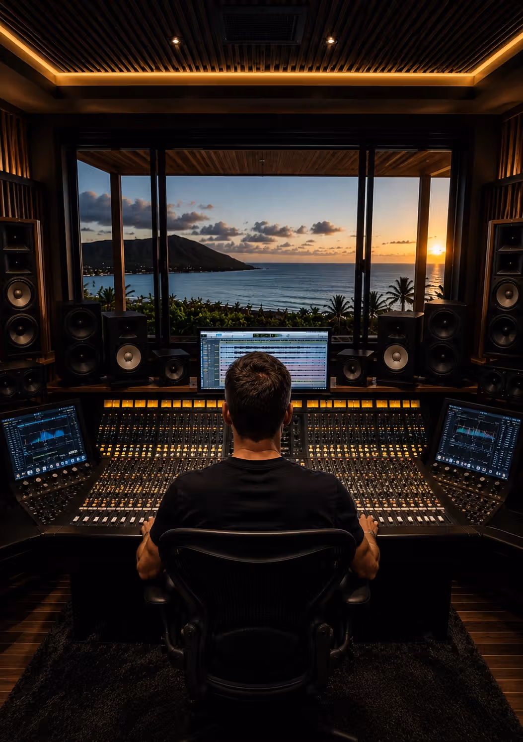 Wim Kock at the mixing console, ocean sunset through the studio window