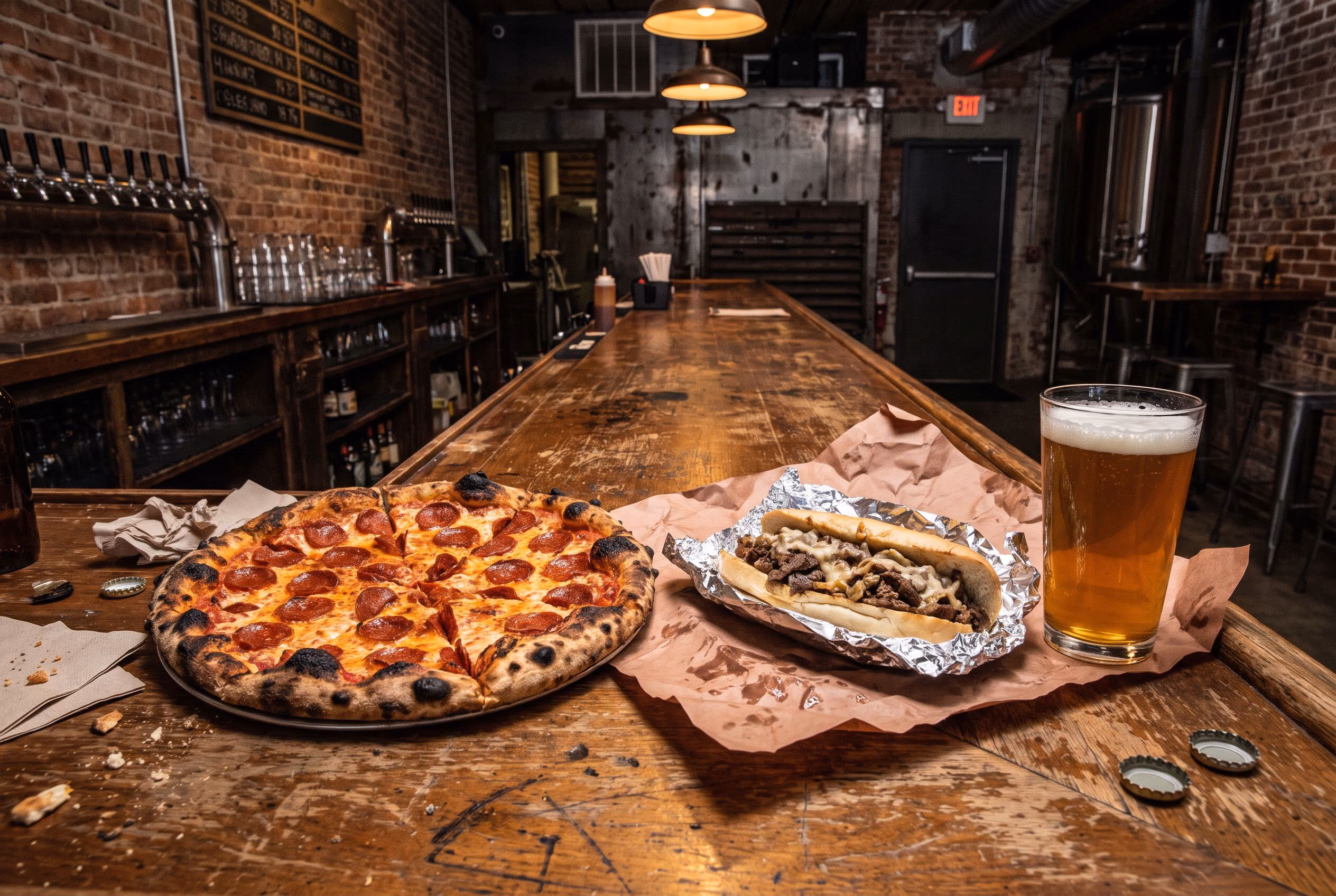 Pizza Pit pizza, cheesesteak and a pint at the Broken Goblet bar