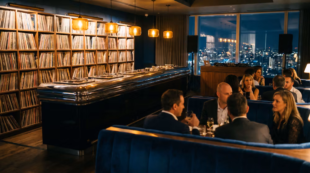 A music-themed hotel room with a vinyl listening bar (placeholder render, replace with the client’s photography)