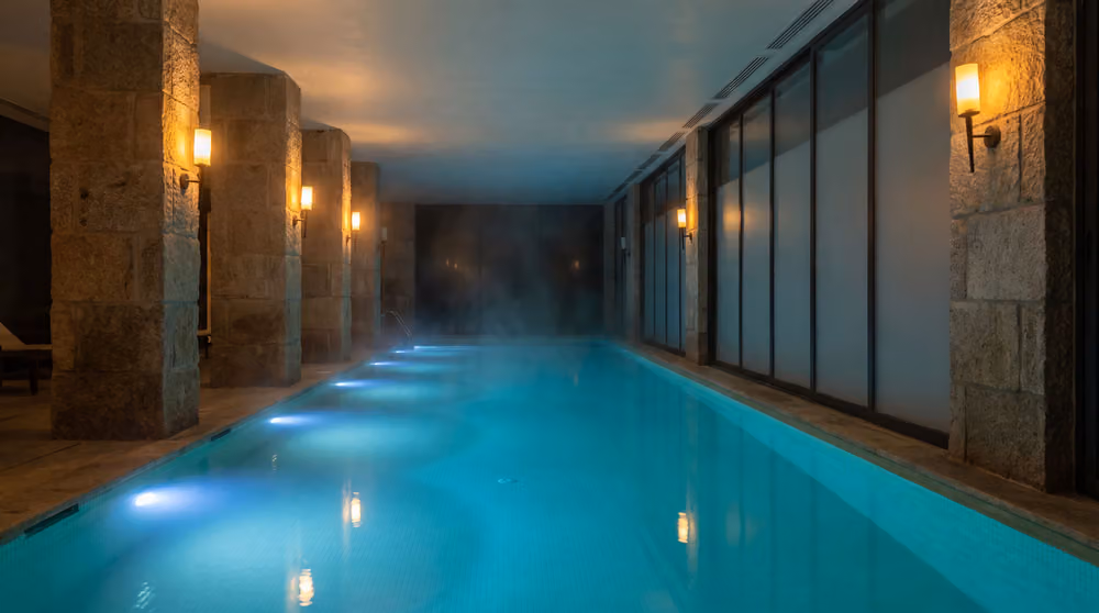 A downtown hotel spa with a saltwater pool (placeholder render, replace with the client’s photography)