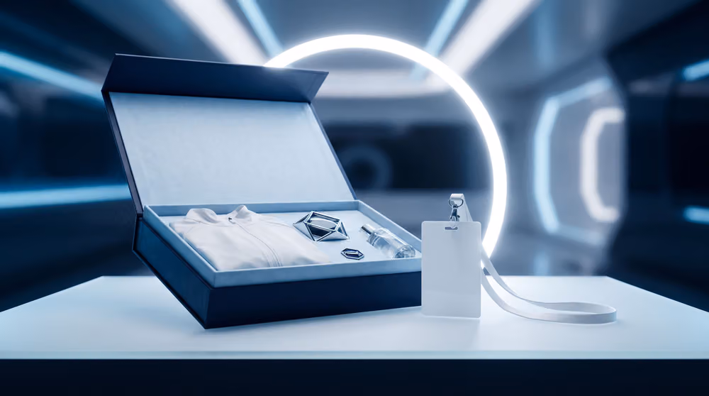 The curated VIP gifting kit laid out with the collectible boarding pass and lanyard (placeholder render, replace with the client’s photography)
