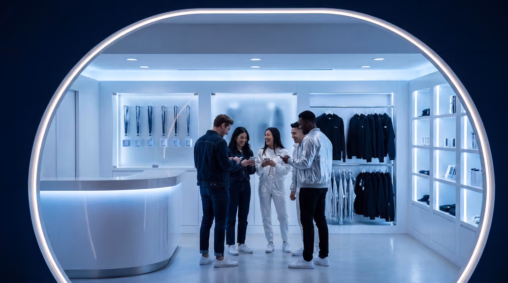 The official merchandise store inside the Terminal, lit in ice blue (placeholder render, replace with the client’s photography)