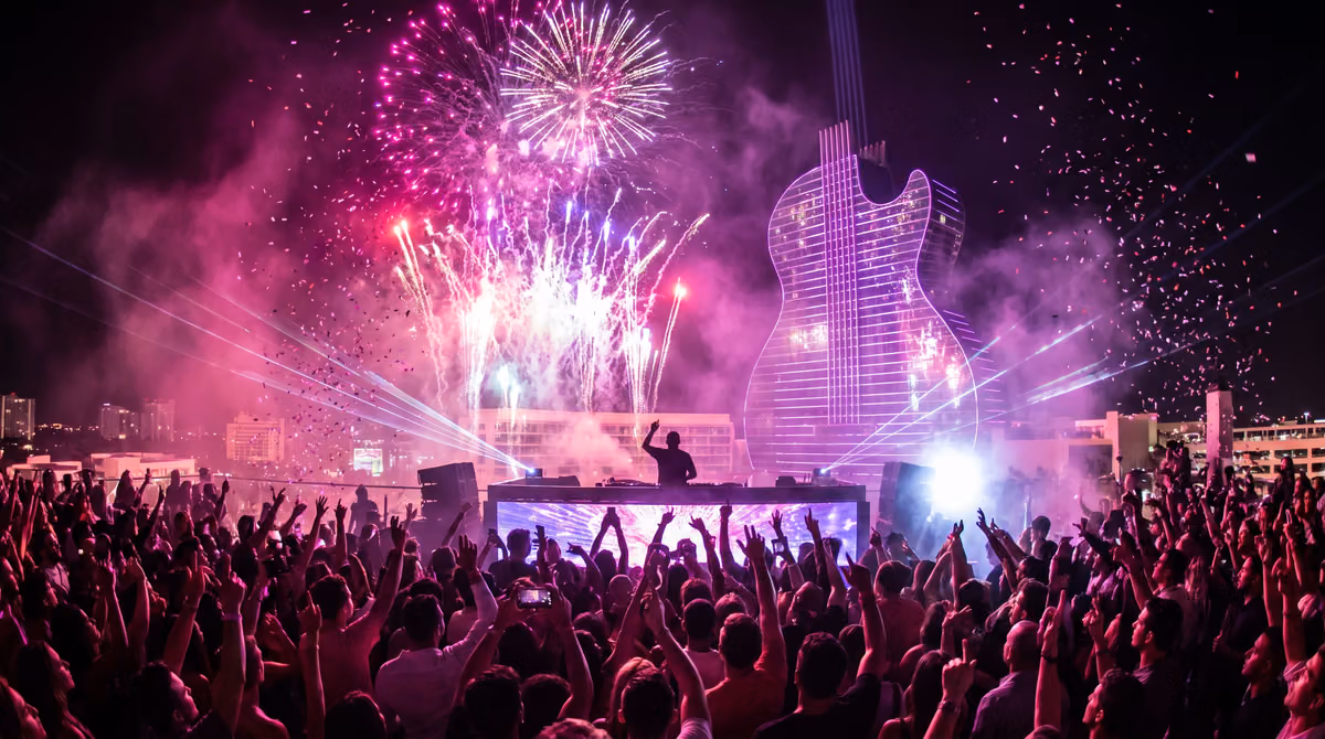 A New Year's Eve crowd on the rooftop with fireworks over the Guitar Hotel