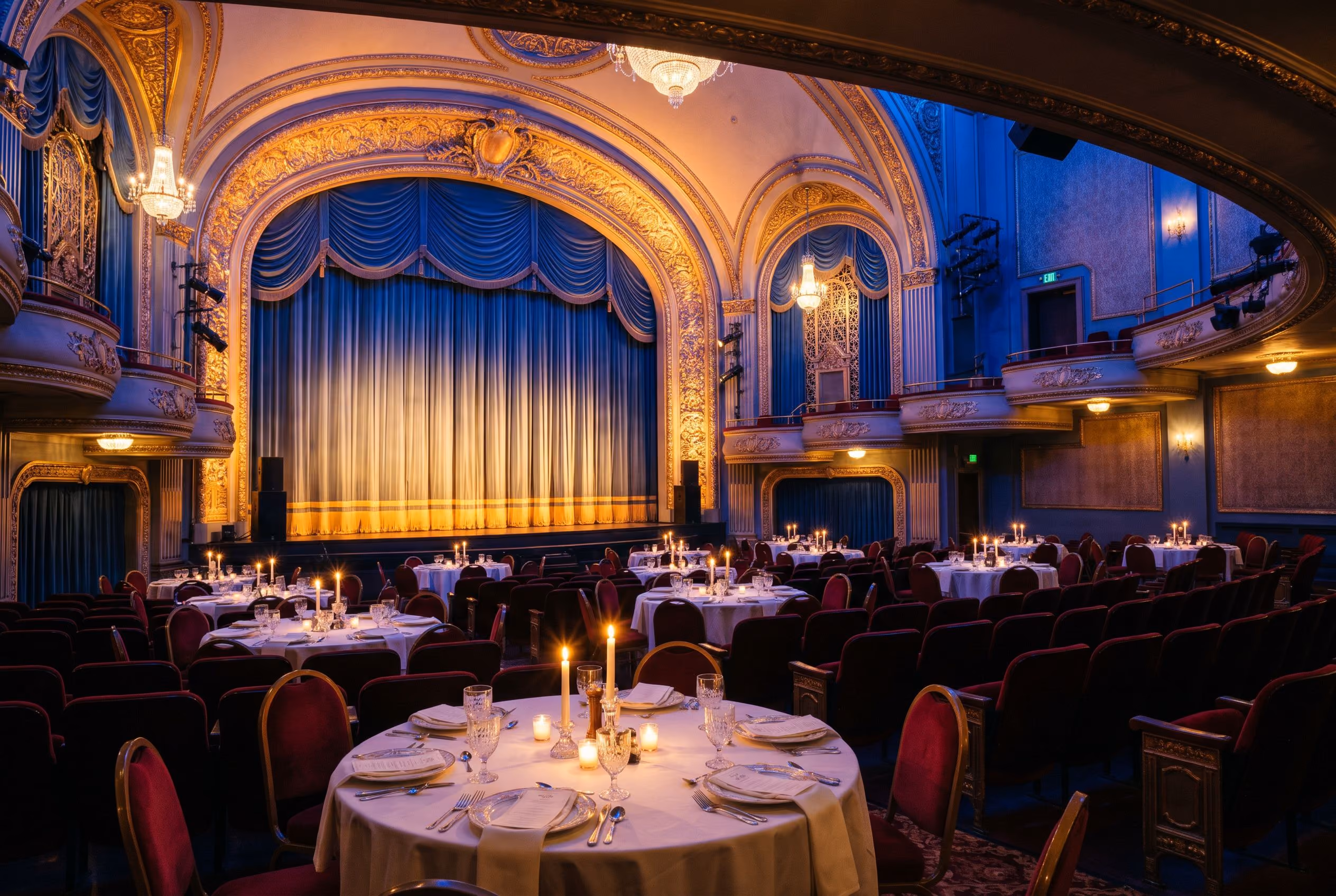 Historic Empire Theatre interior staged with round candlelit tables for a private reception under warm stage lighting