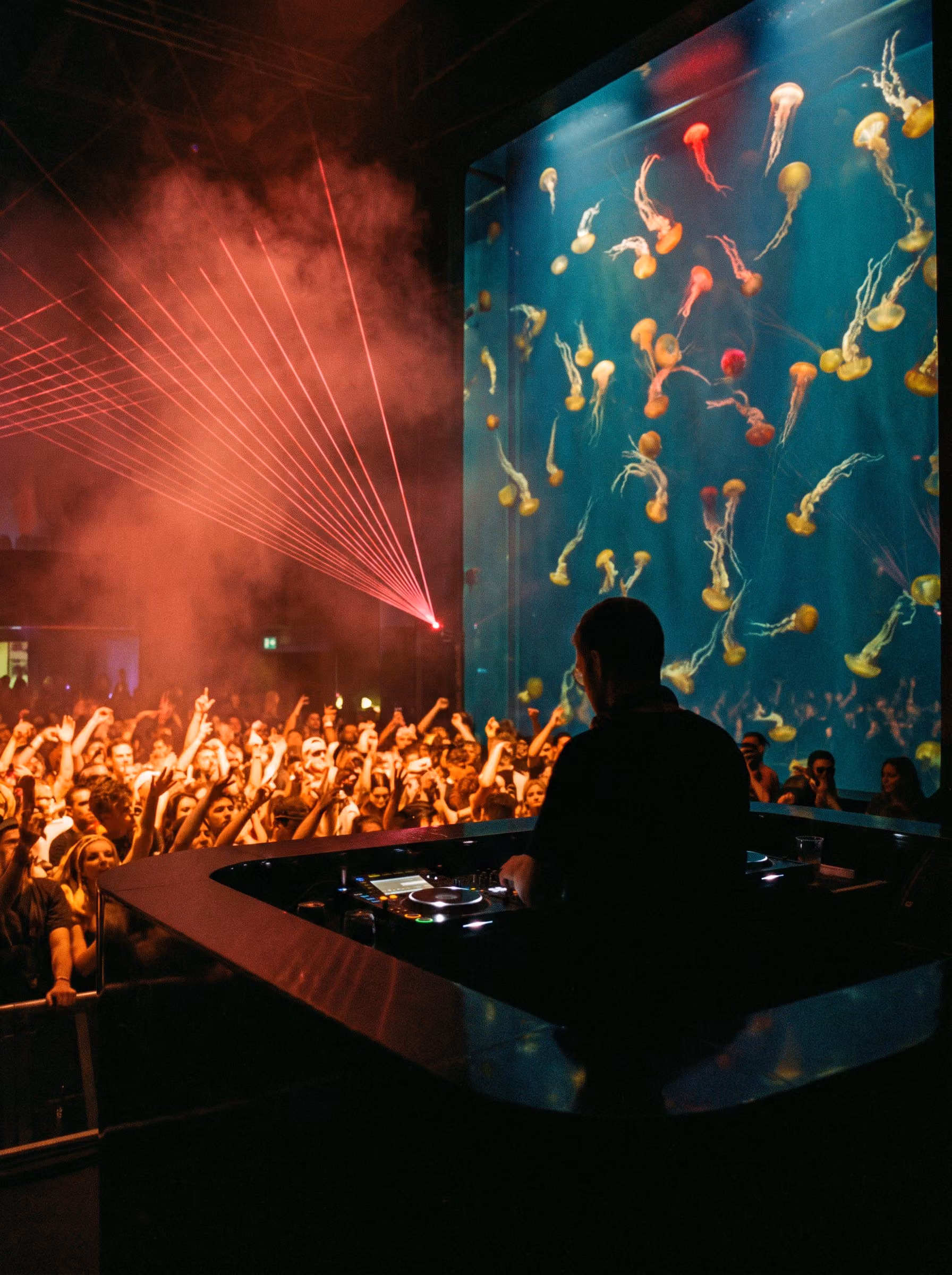 The DJ booth in front of the Jellyfish Wall
