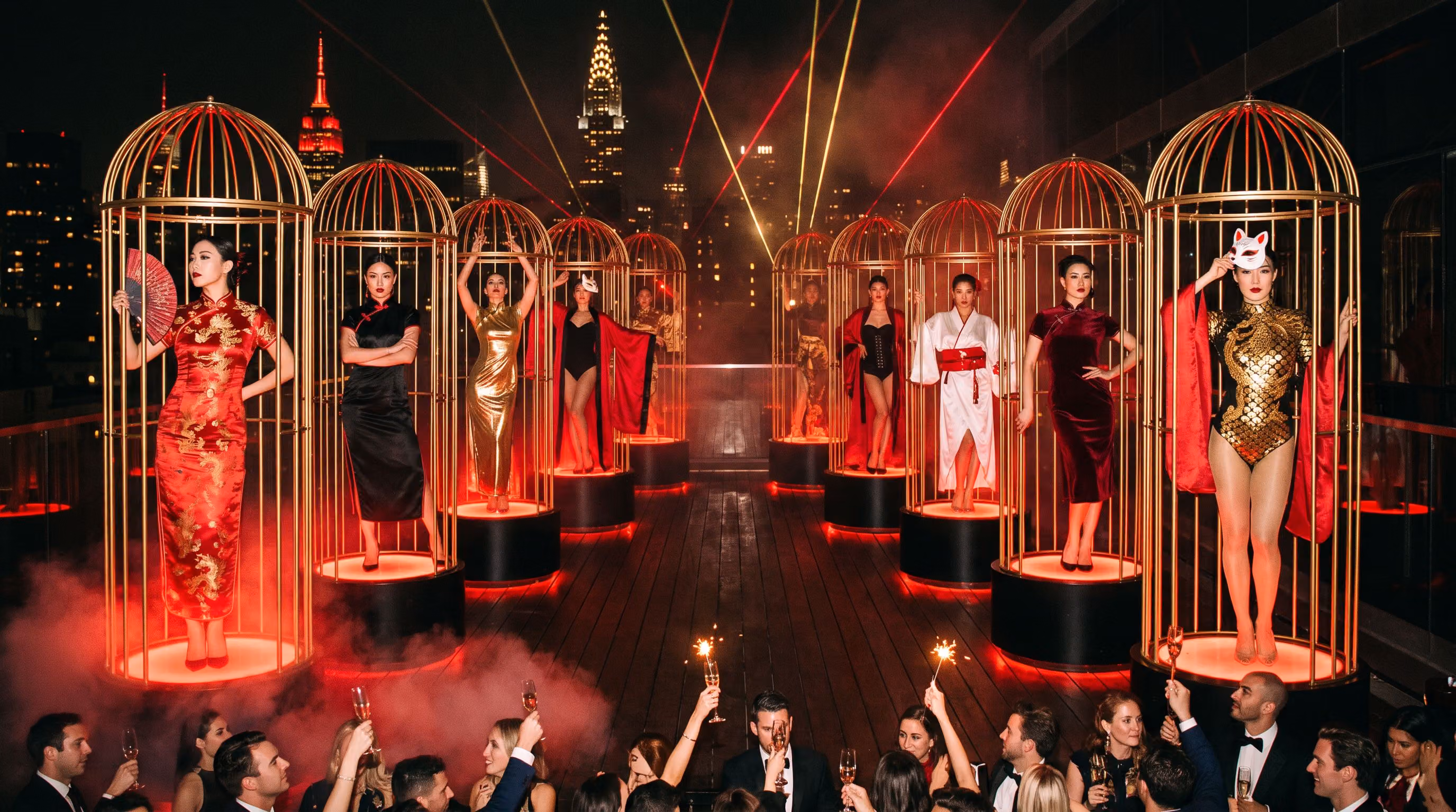 Gold dancer cages rising from a packed rooftop crowd, red and gold lasers above