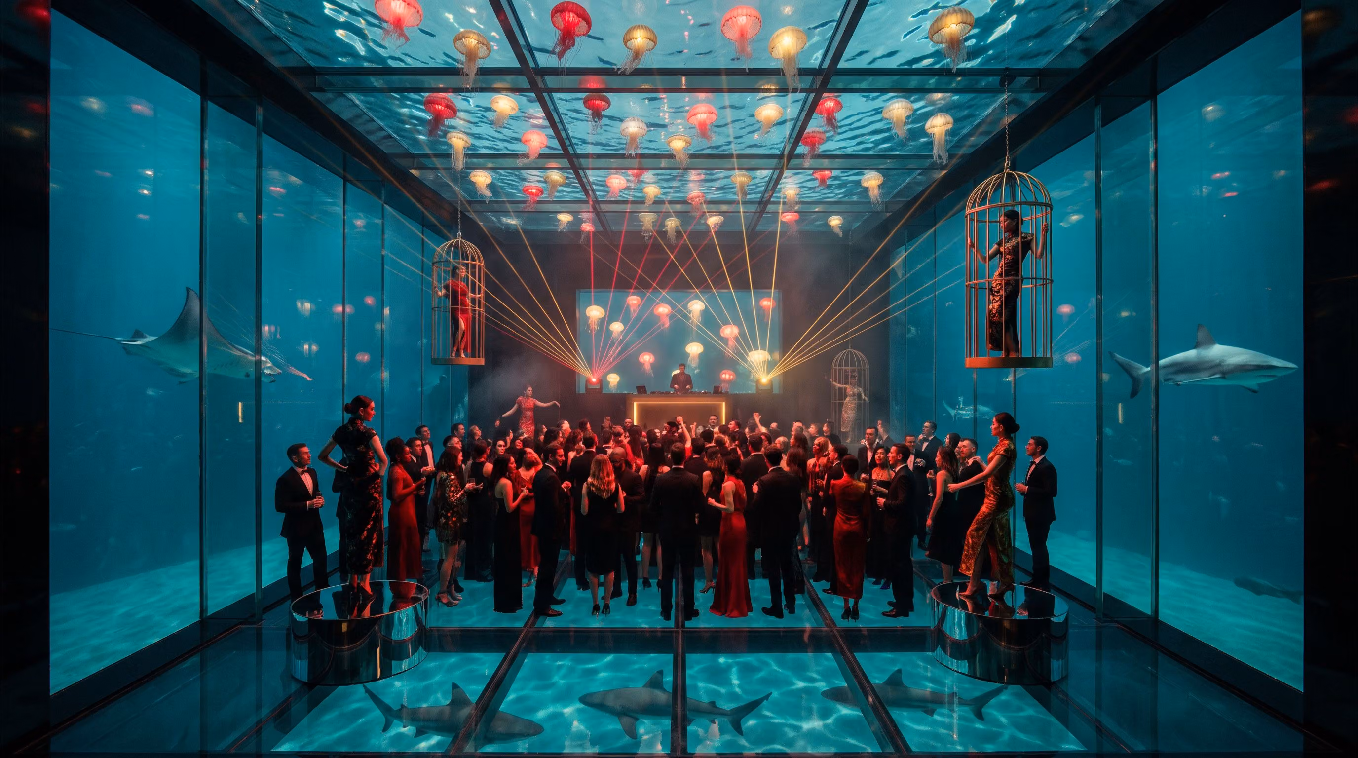 The glass-cube dance floor inside the aquarium, sharks beneath the glass and jellyfish above