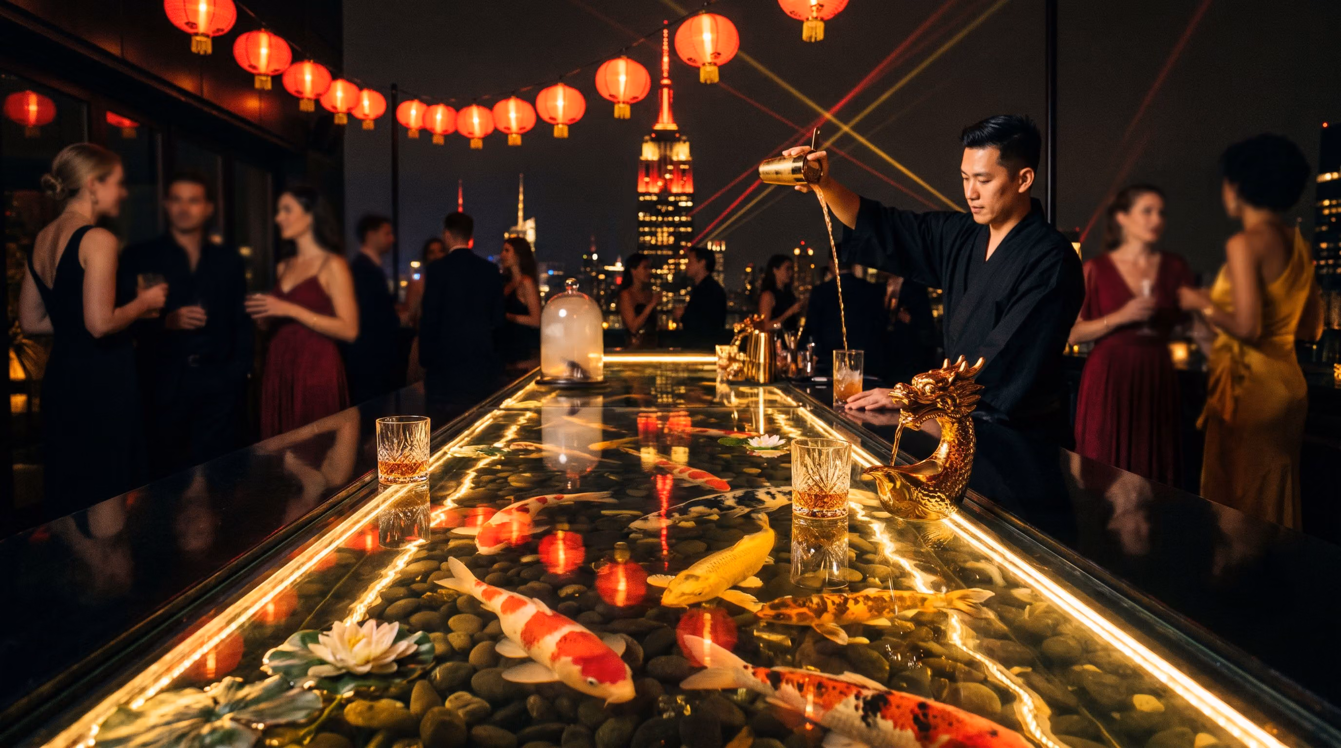 The Koi Bar: a black lacquer bar with a glass-topped koi pond beneath the drinks, red lanterns above