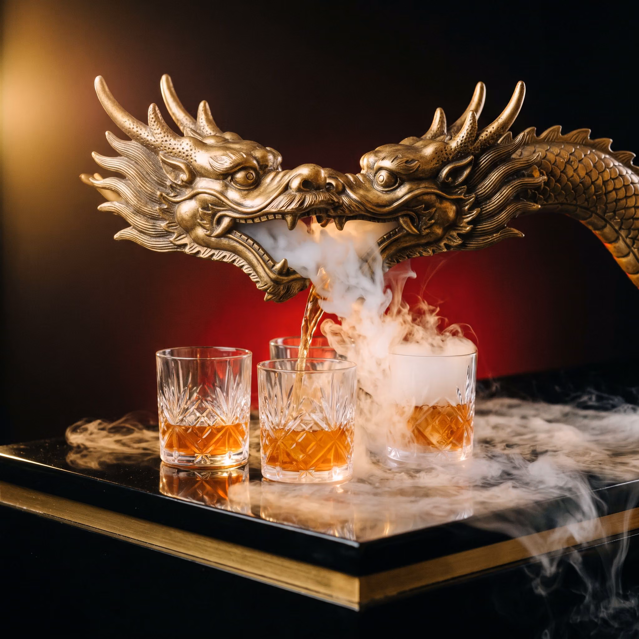 The Golden Dragon: a gold dragon-head vessel pouring punch through dry-ice smoke