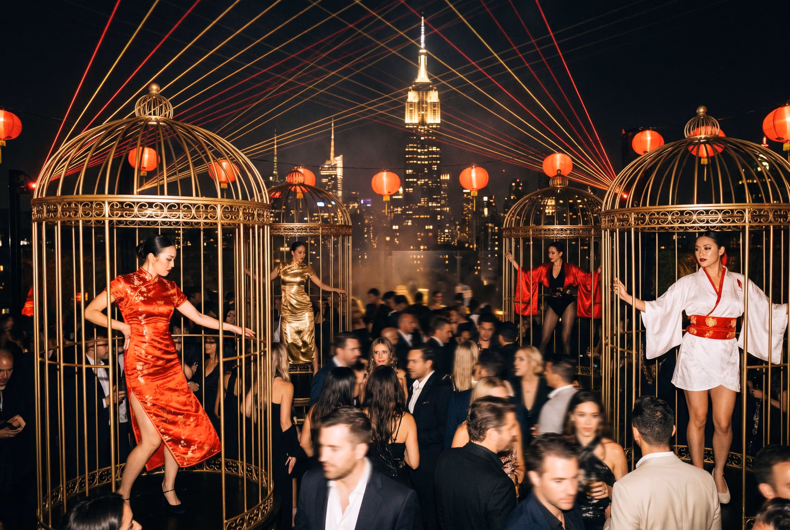 Four gold cages rising out of the packed rooftop crowd at midnight, lasers crossing above