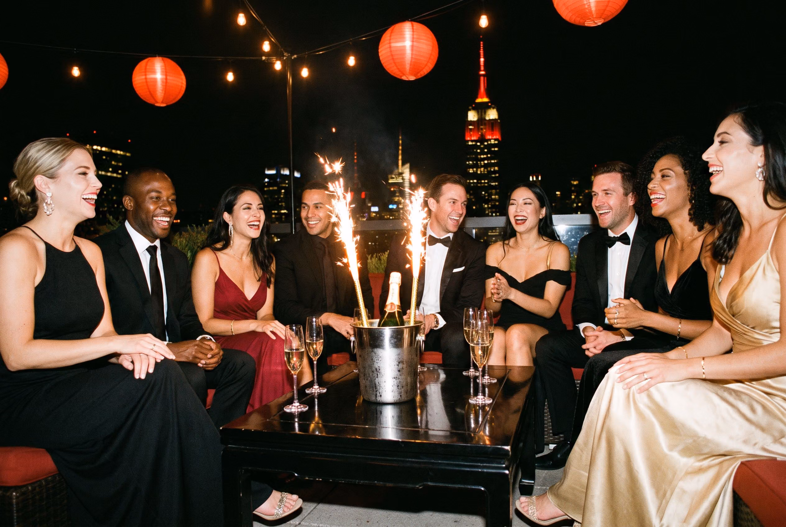Guests laughing at a VIP table with champagne sparklers, the Empire State Building glowing behind