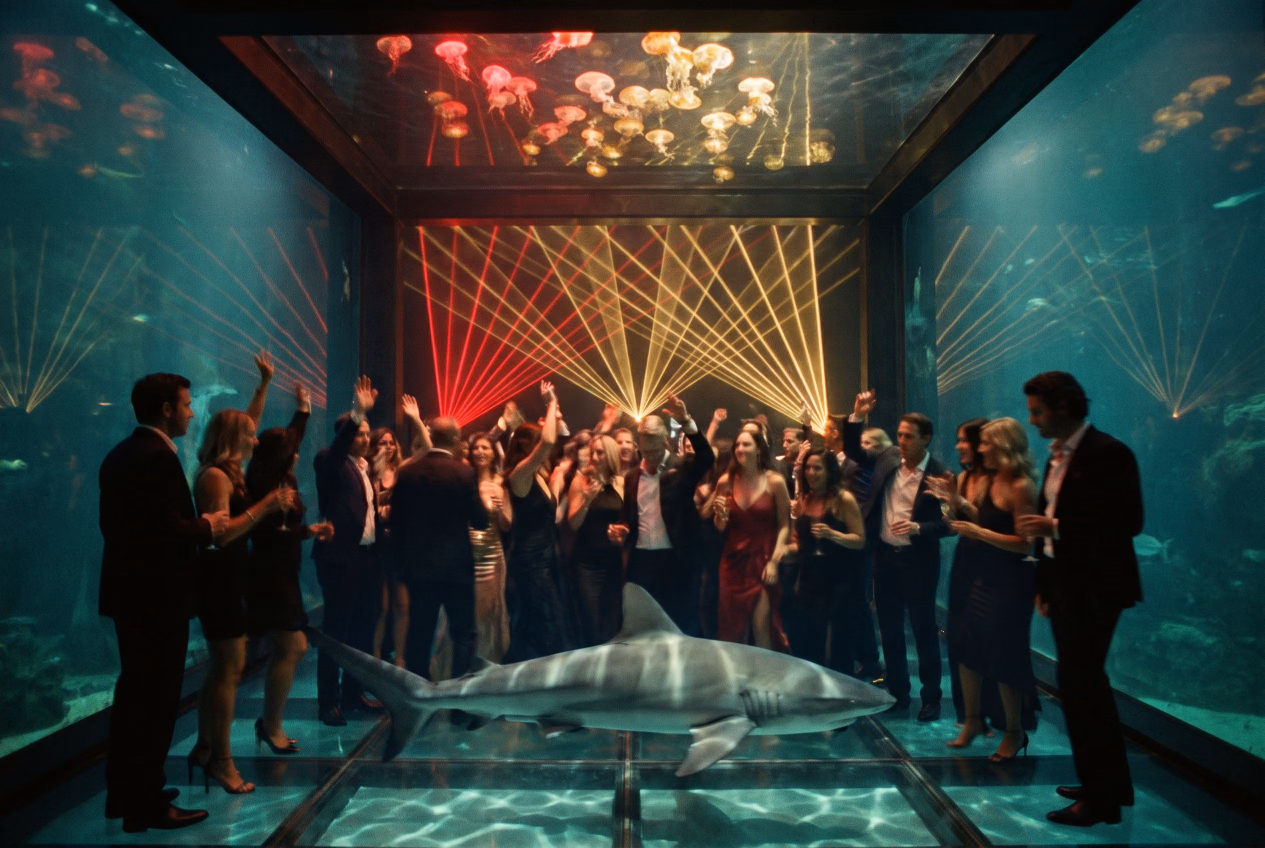 The crowd dancing on the glass floor of The Deep as a shark passes beneath