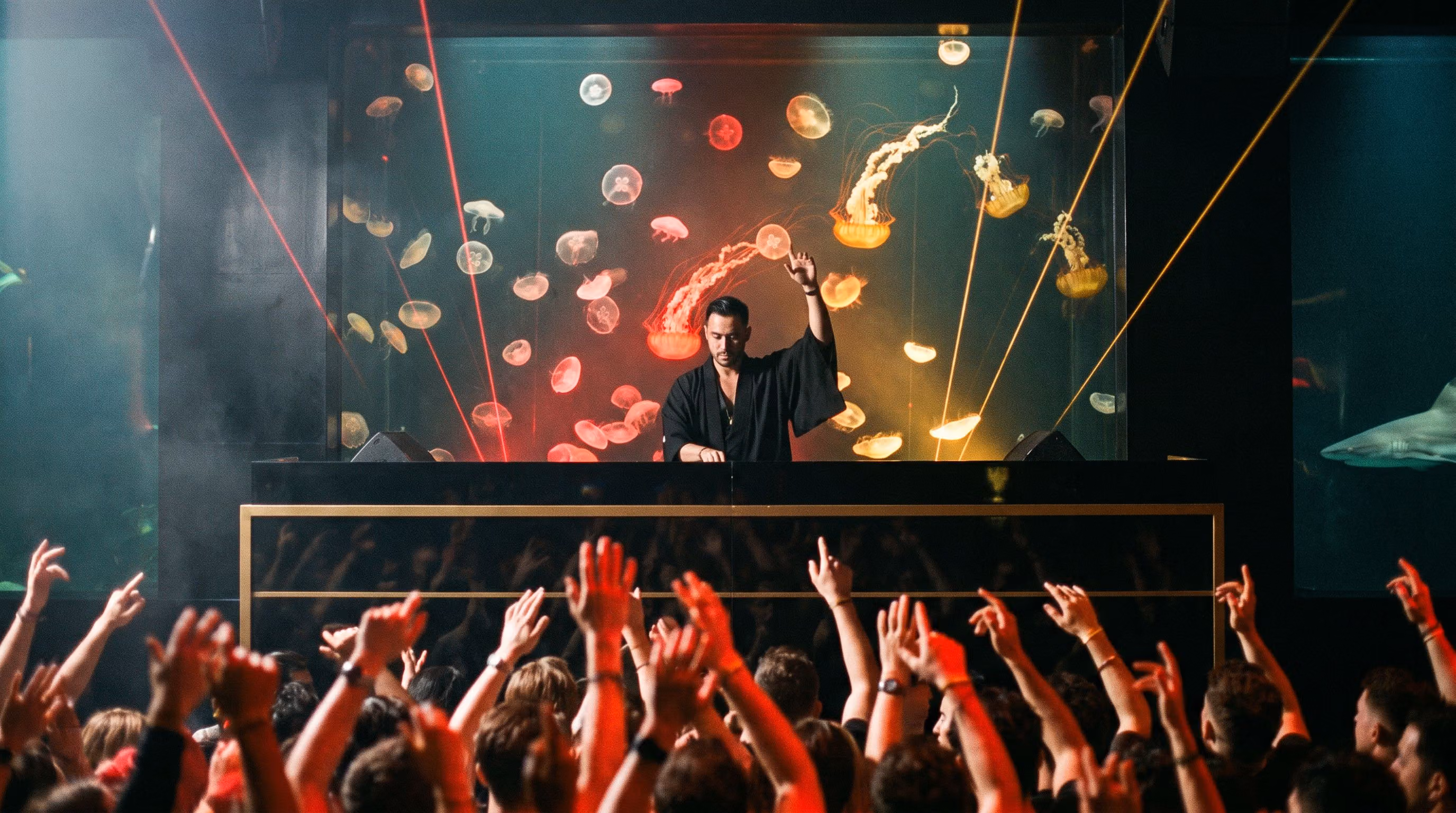 The DJ in front of the Jellyfish Wall in The Deep, red and gold lasers fanning over a packed crowd