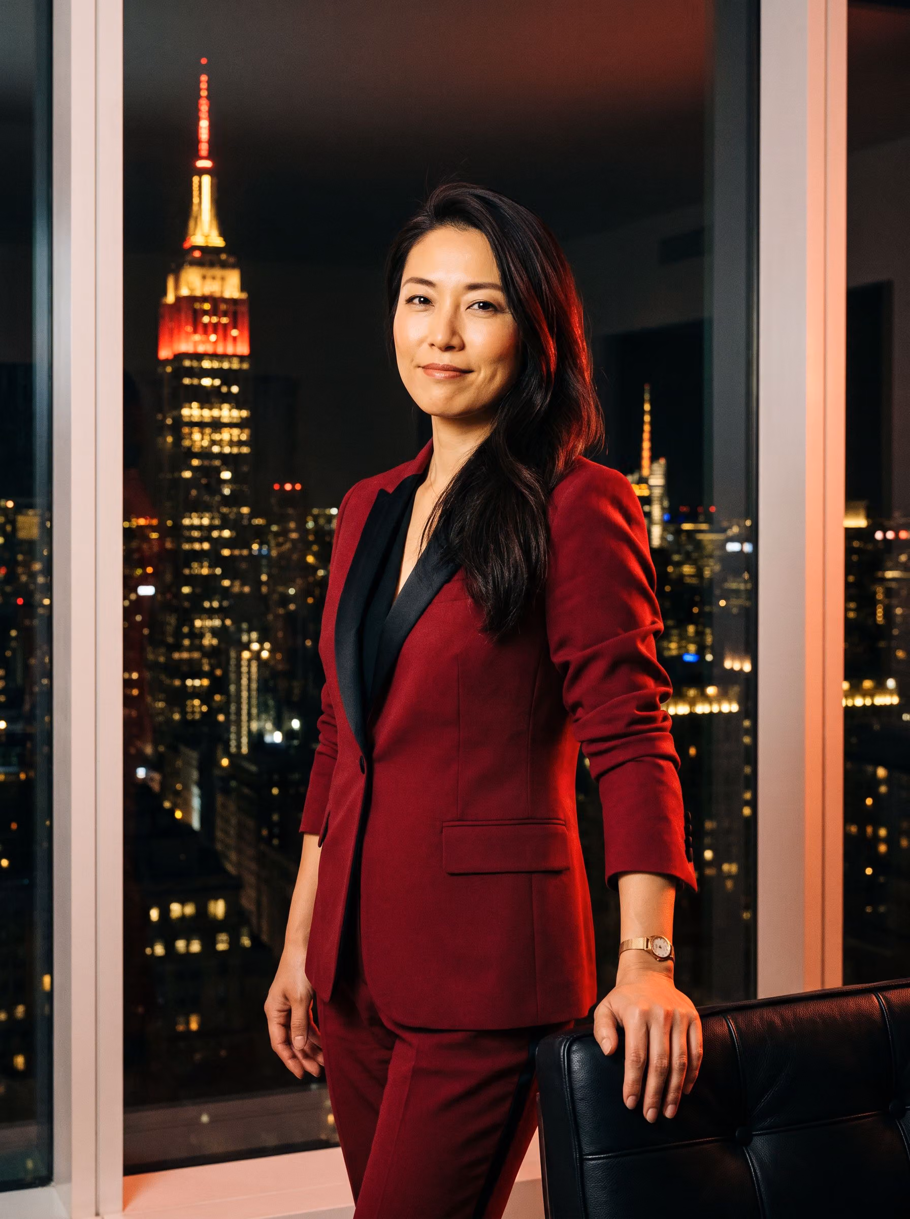 Mika Tatsumi, businesswoman, at a window above the Manhattan skyline at night