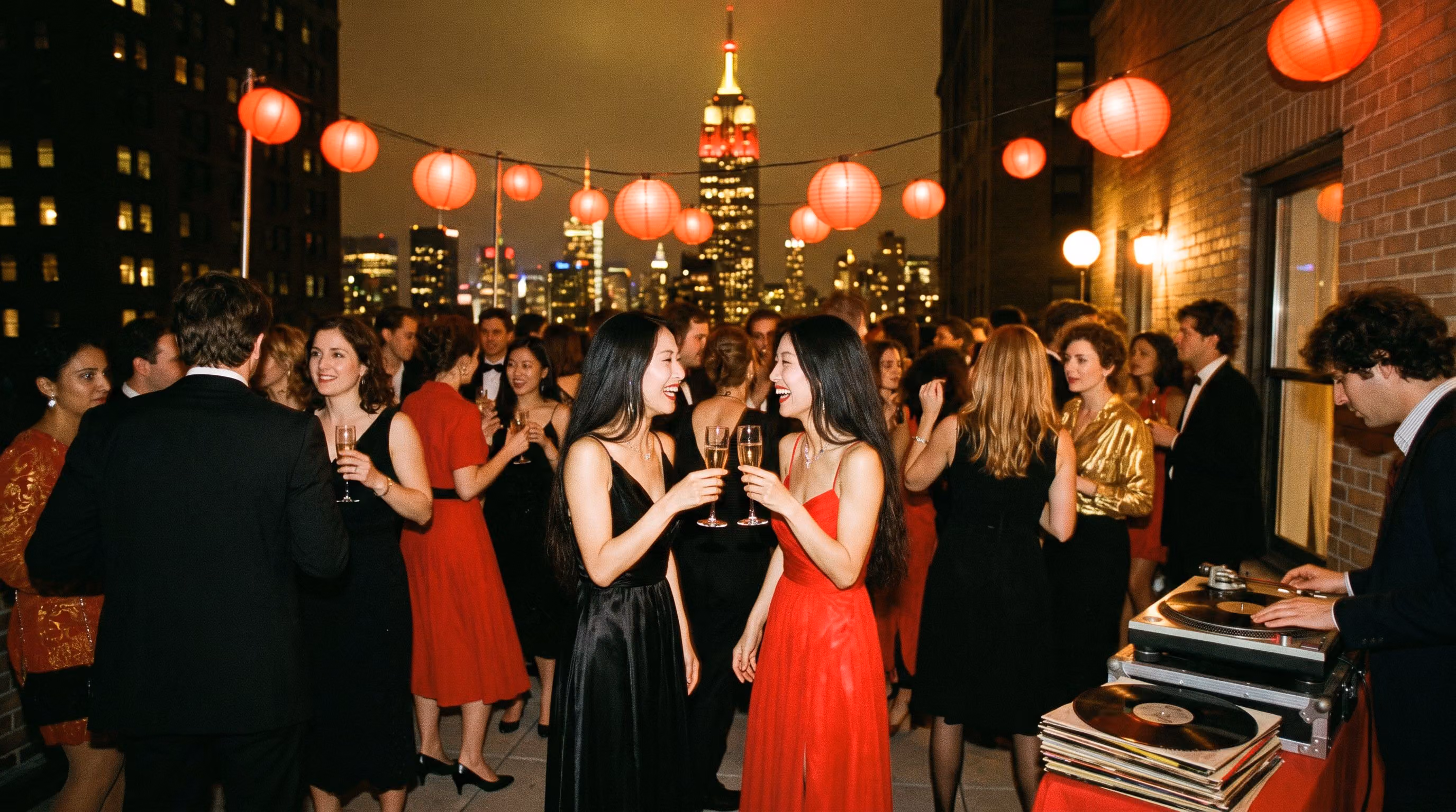 The sisters laughing with friends at an early private rooftop party under red lanterns, the Manhattan skyline behind
