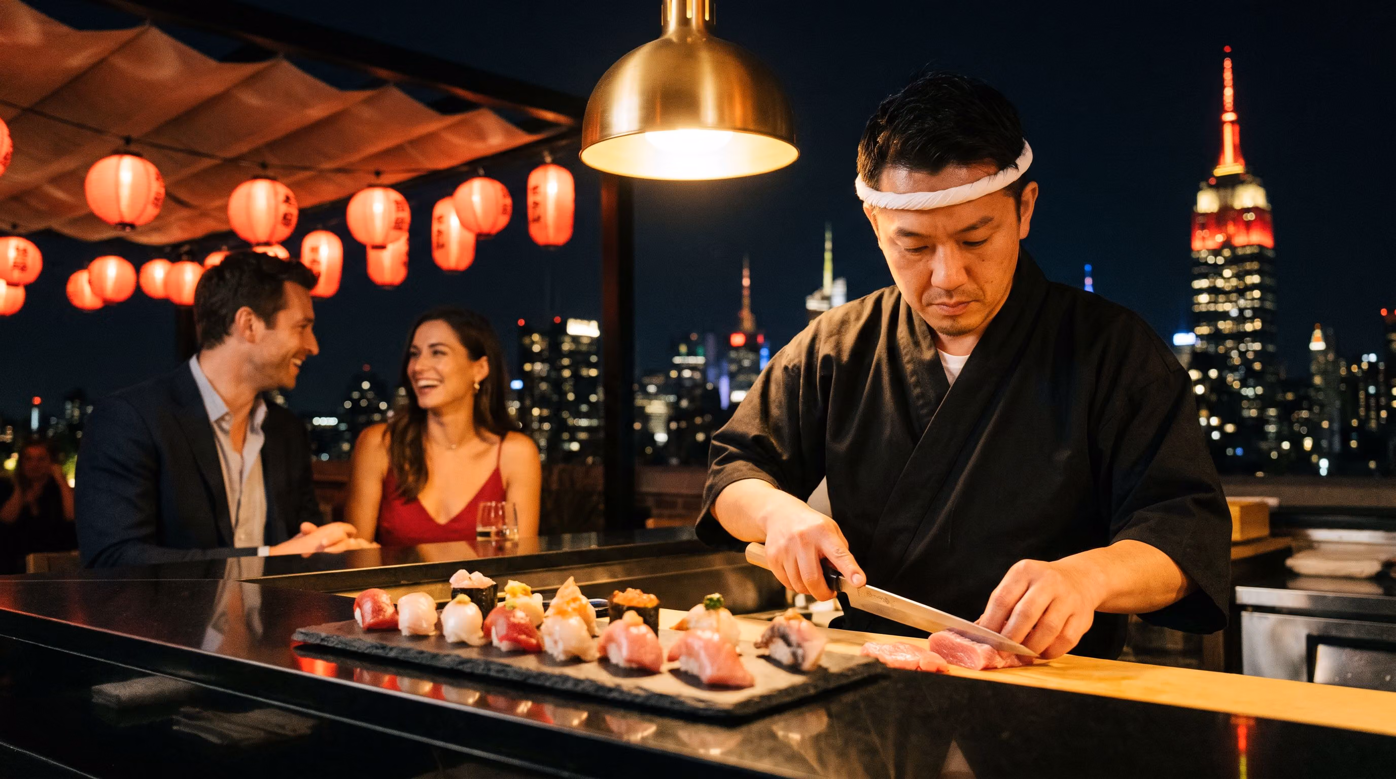 A sushi chef slicing toro at the rooftop sushi counter, lanterns and skyline behind