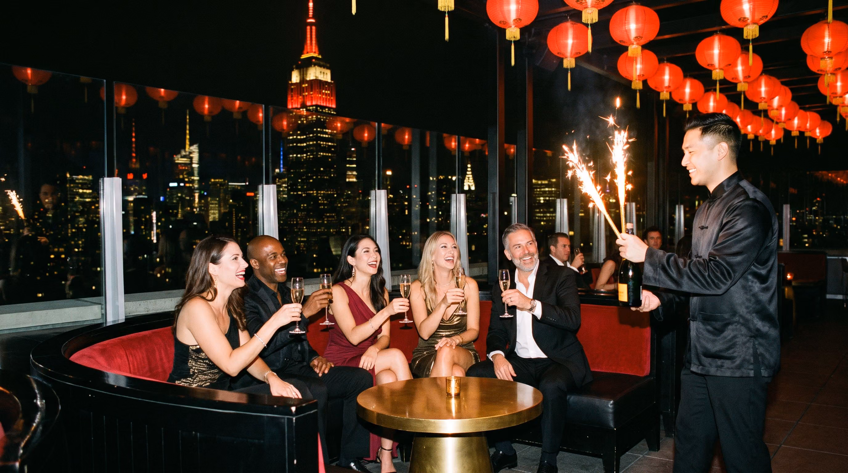 Guests toasting with champagne at a red velvet rooftop lounge as a host arrives with sparklers, the Empire State Building glowing behind