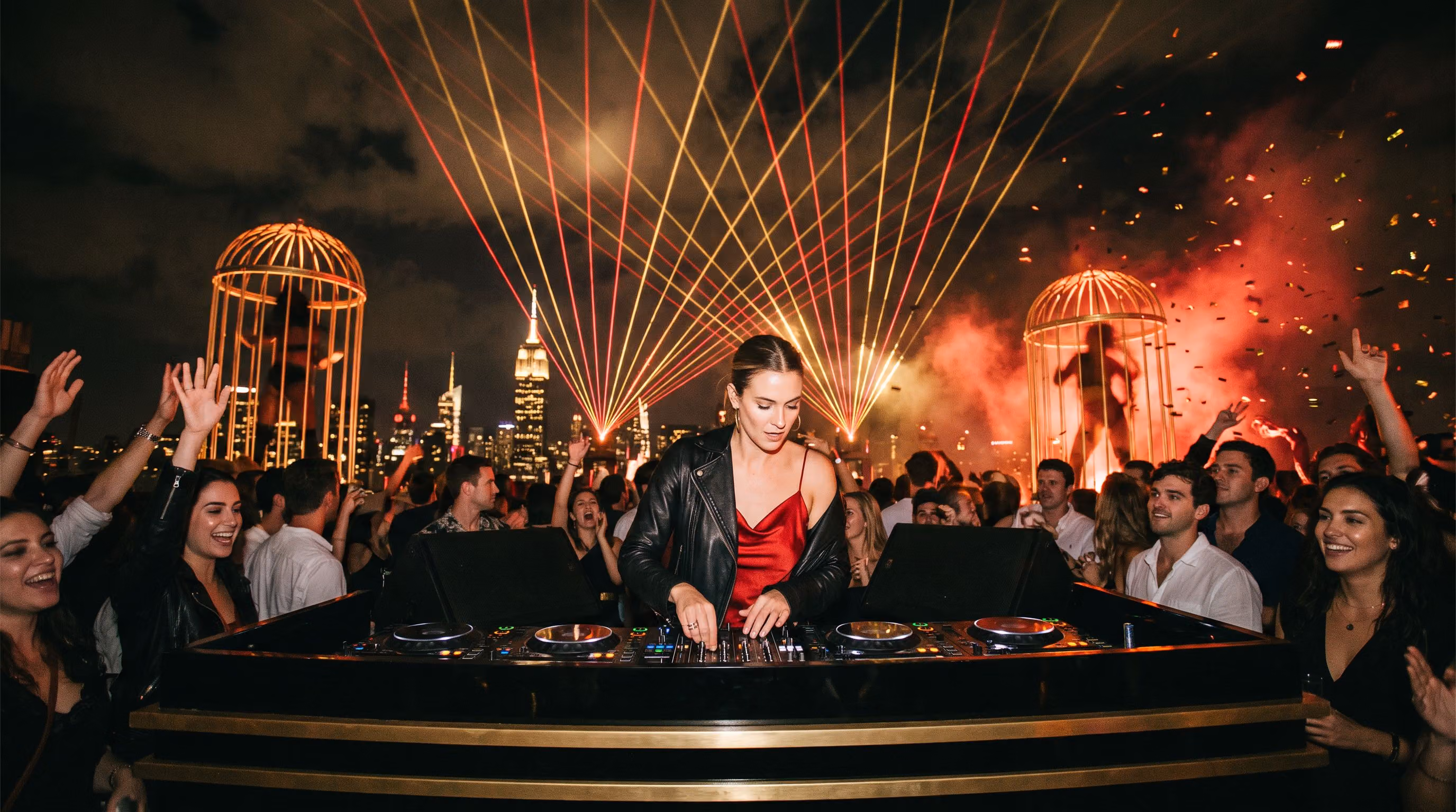 The rooftop DJ booth at midnight, red and gold lasers fanning over Manhattan above a packed crowd and gold cages
