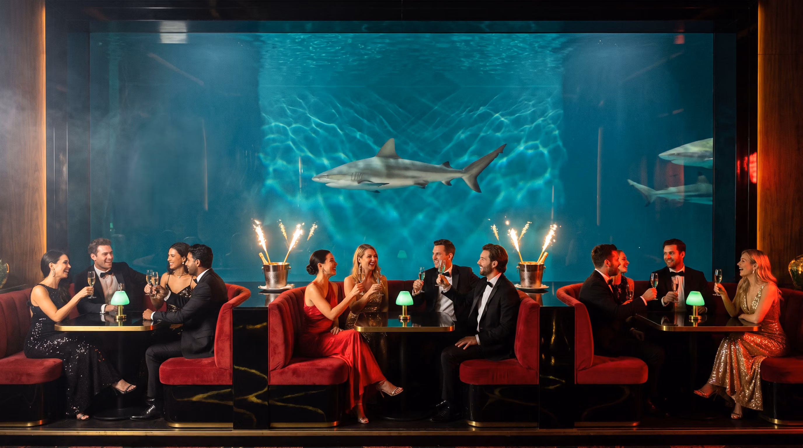 Red velvet VIP booths with champagne and sparklers against the aquarium wall as a reef shark glides behind