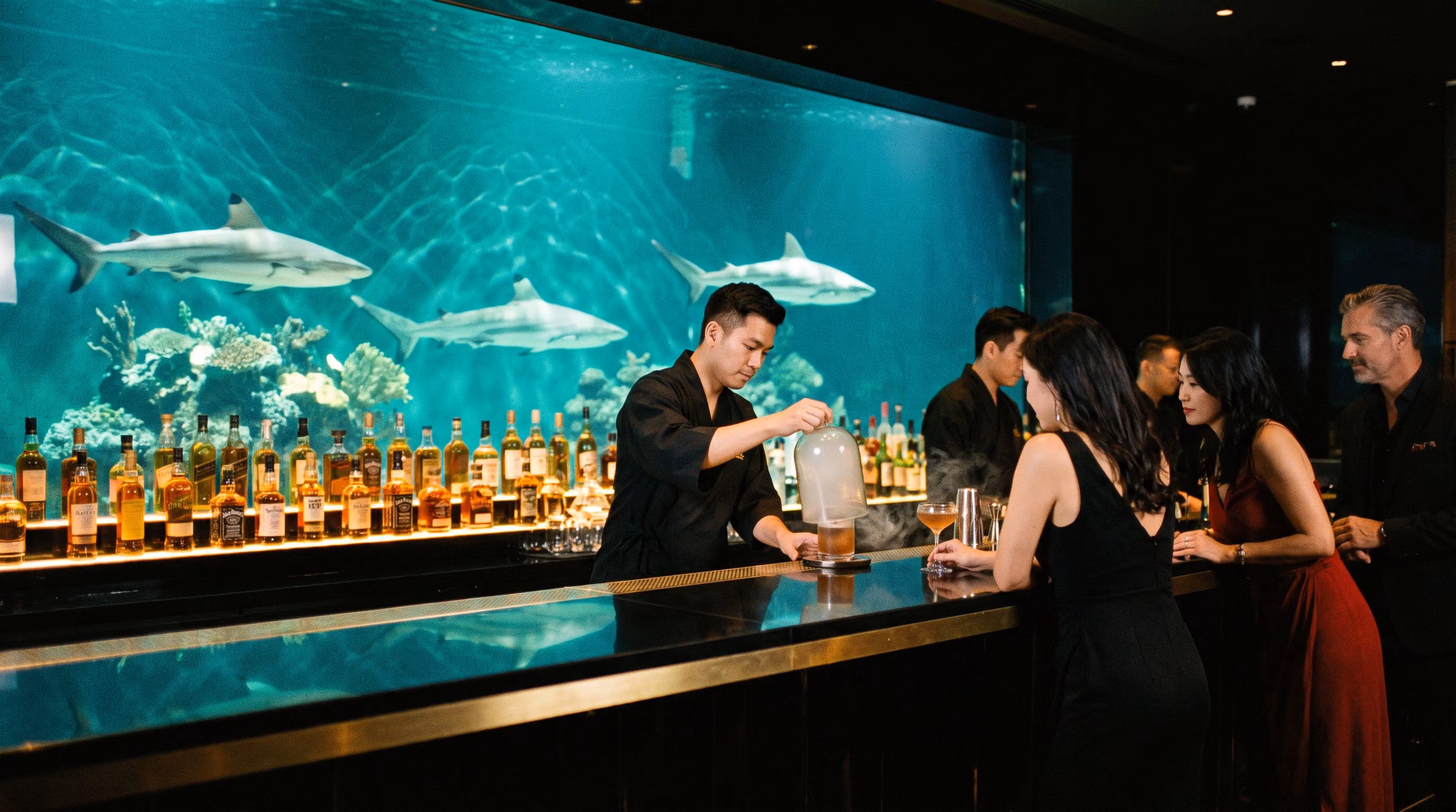 The bar in The Deep, its back wall an aquarium with reef sharks gliding past amber-lit bottles