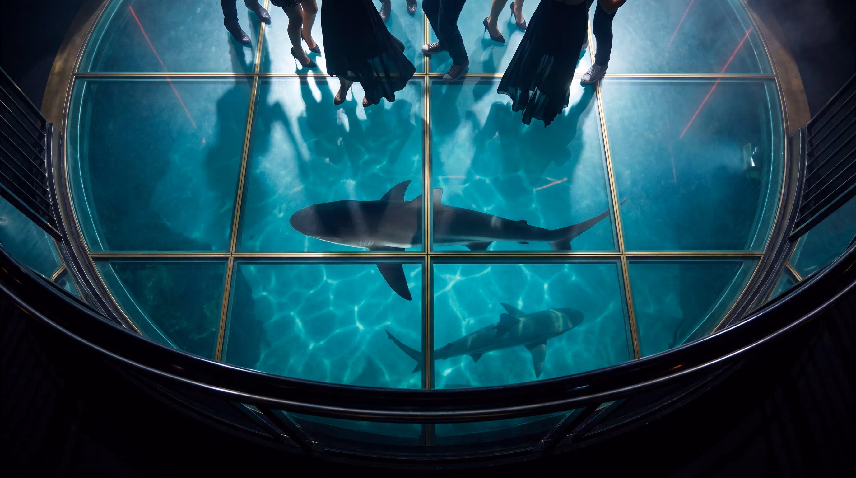 Looking straight down through the glass dance floor at a reef shark gliding beneath the dancers' feet