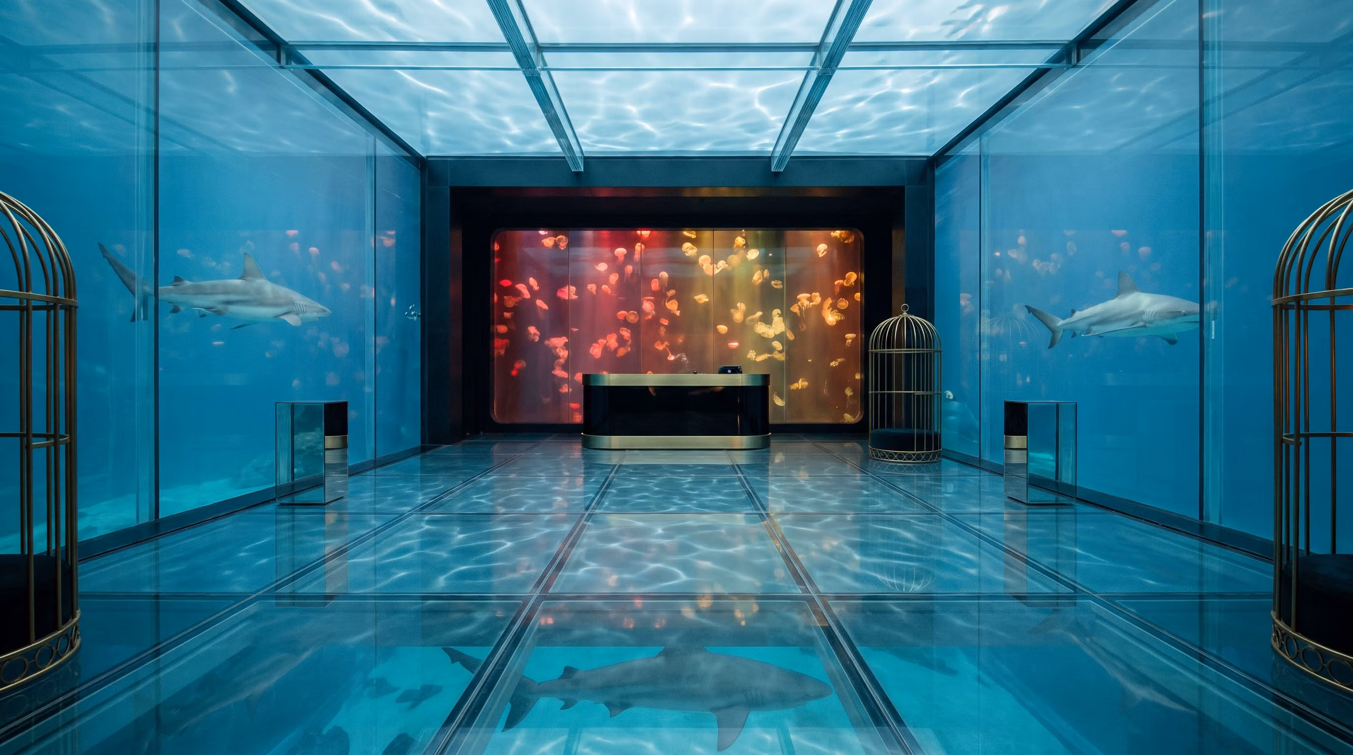 The Deep before opening: an empty glass-cube dance floor, sharks gliding in the aquarium walls and the Jellyfish Wall glowing behind the DJ booth