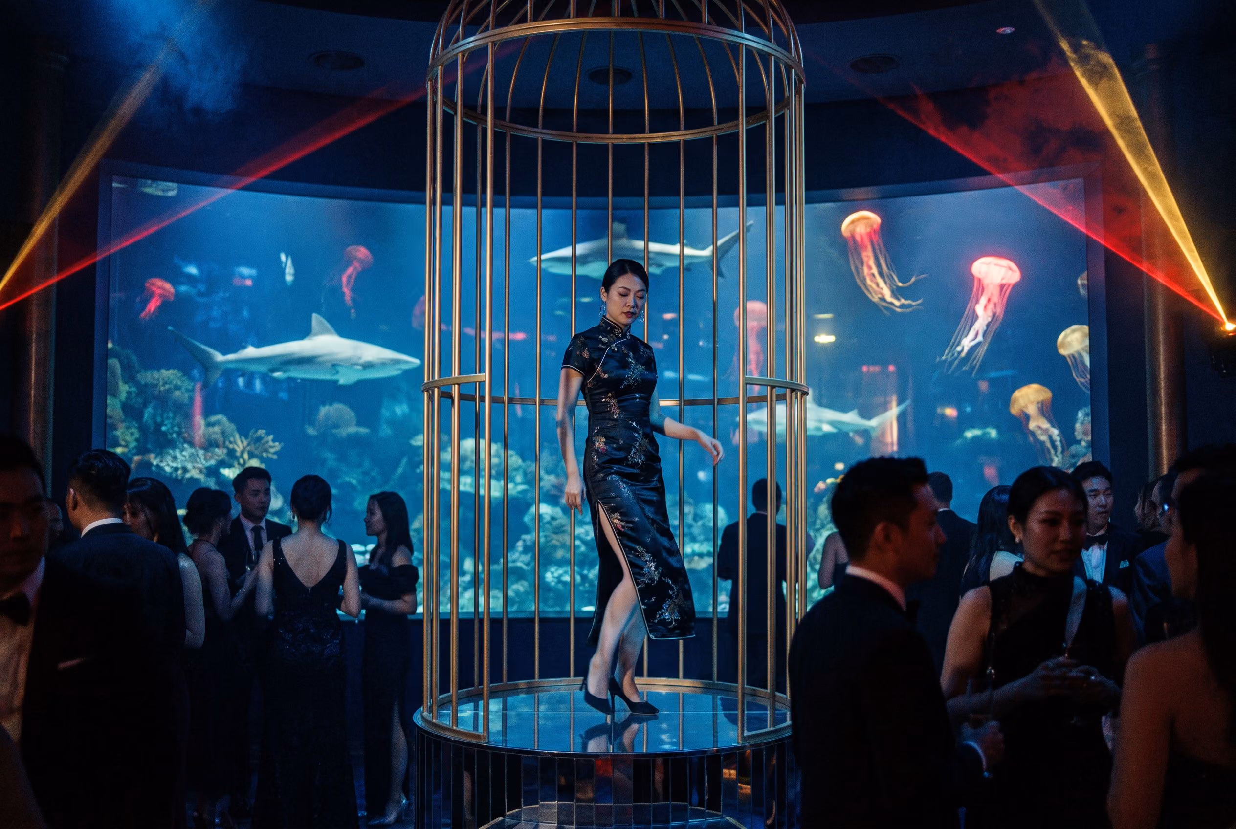 An Asian dancer in a black silk Chinese dress inside a gold cage in The Deep, sharks and jellyfish in the aquarium wall behind her