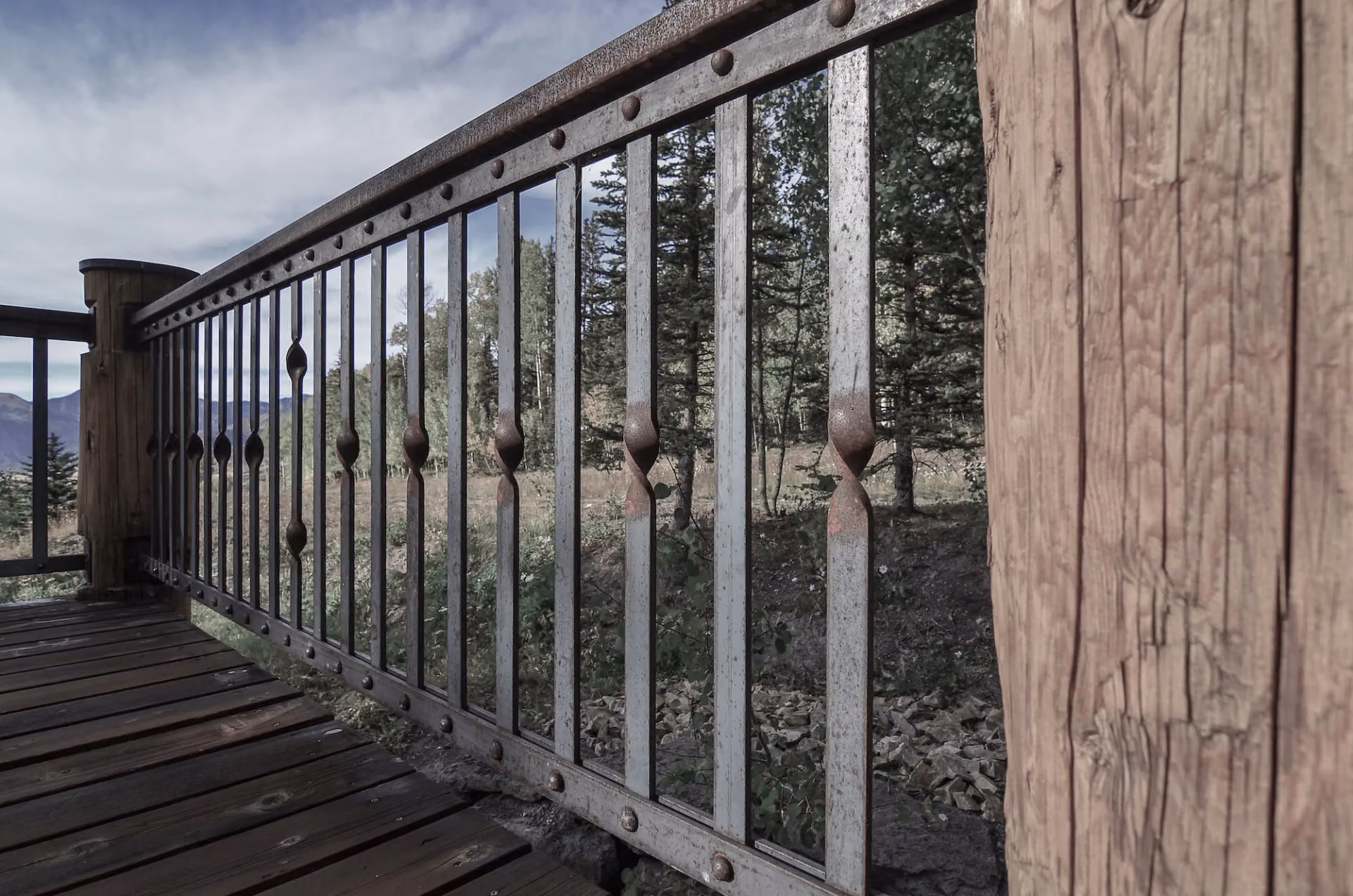 A forged exterior rail on a deck with the trees beyond