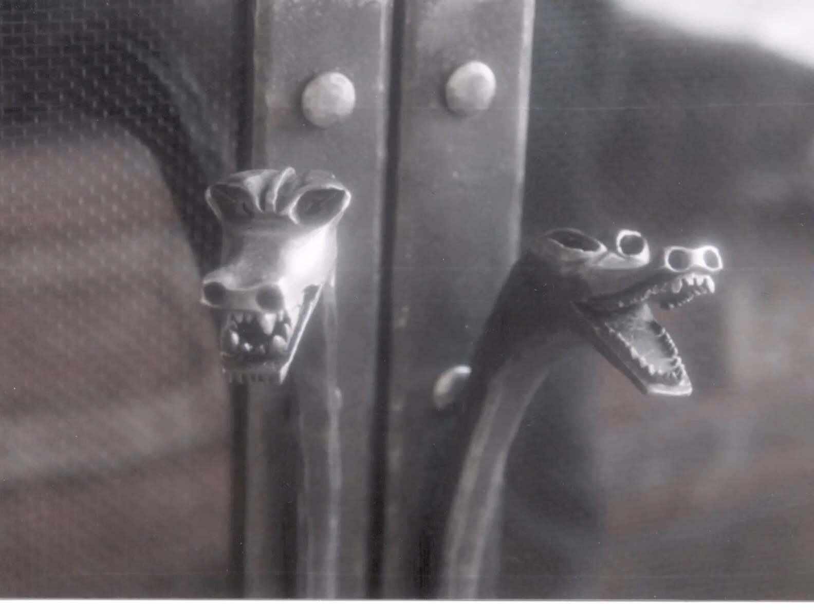 Two forged animal heads on a fireplace door