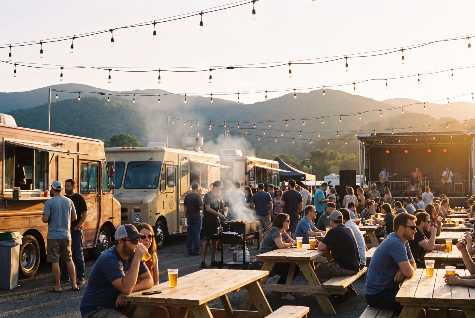 Food trucks and the beer garden on the grounds at golden hour