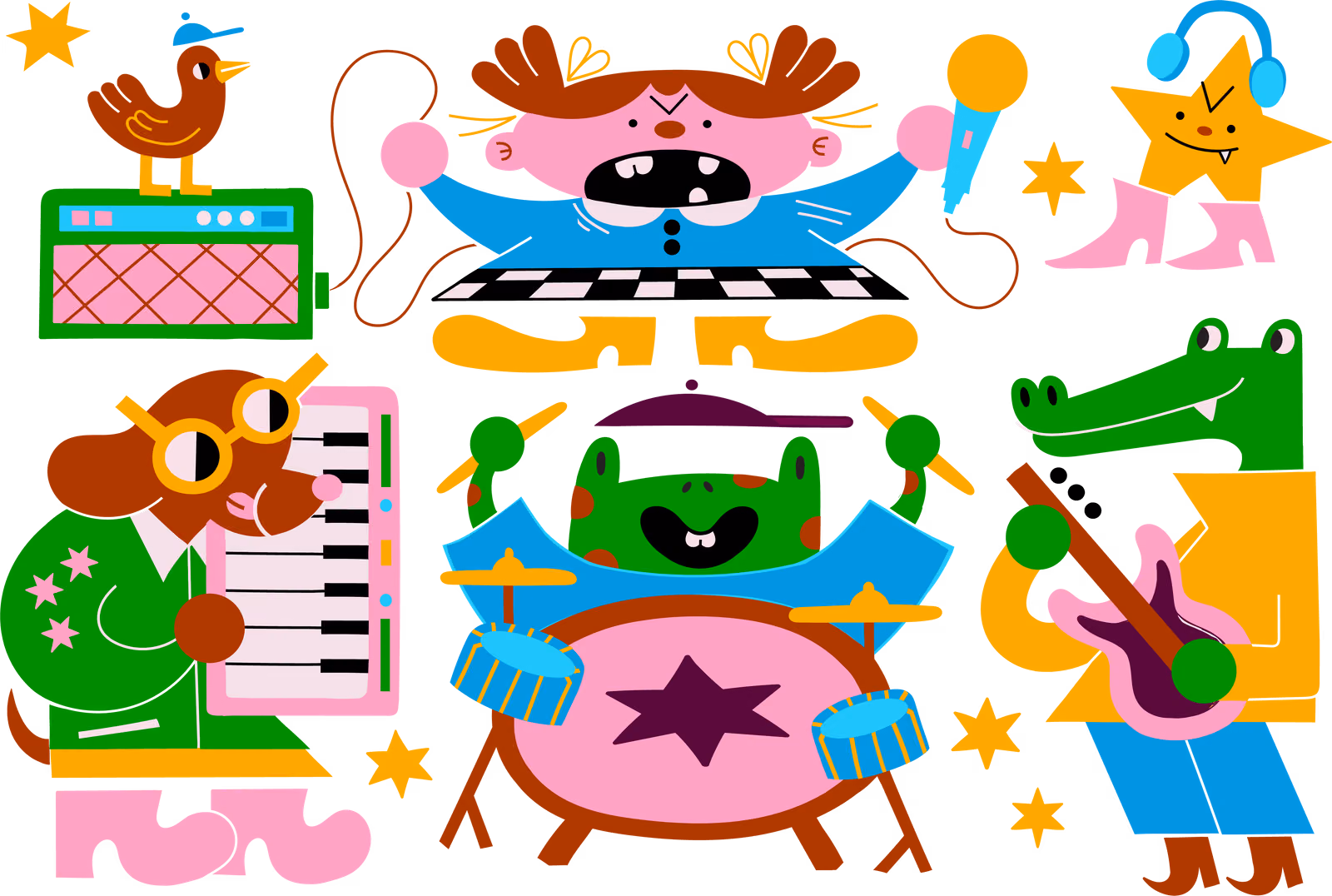 The Noise Pop band on stage: a bird on the amp, the singer at the keys, a star in headphones, the dog on keyboard, the frog on drums and the croc on guitar