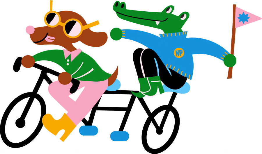 The dog and the croc on a tandem bike