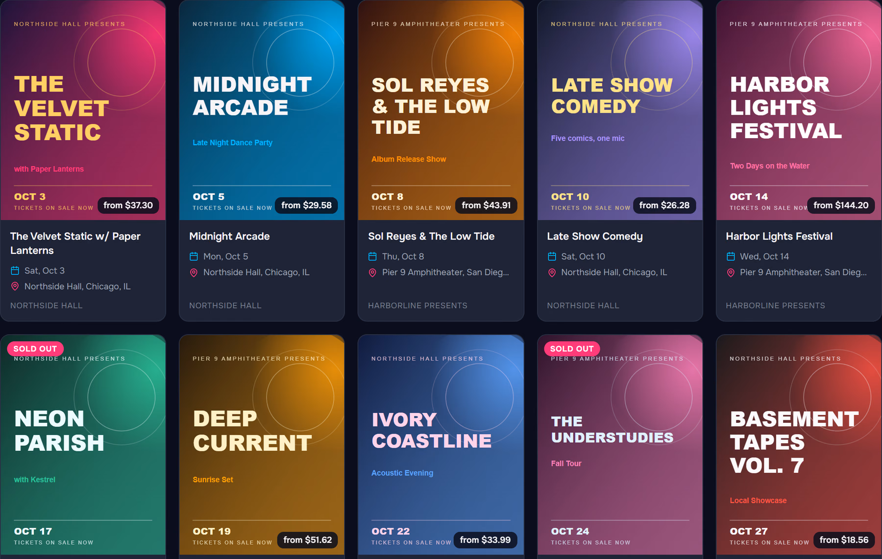 Event posters in the Pixl Ads catalog with dates, venues and all-in prices; sold-out shows badged
