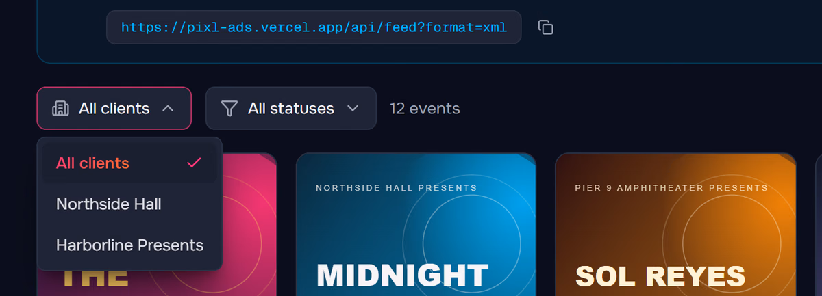 The client selector in Pixl Ads listing each connected TIXR group