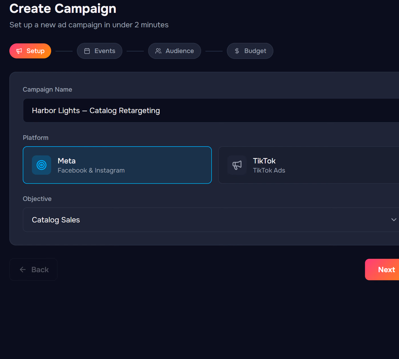 Step one of the Pixl Ads campaign builder: name, platform (Meta or TikTok) and objective