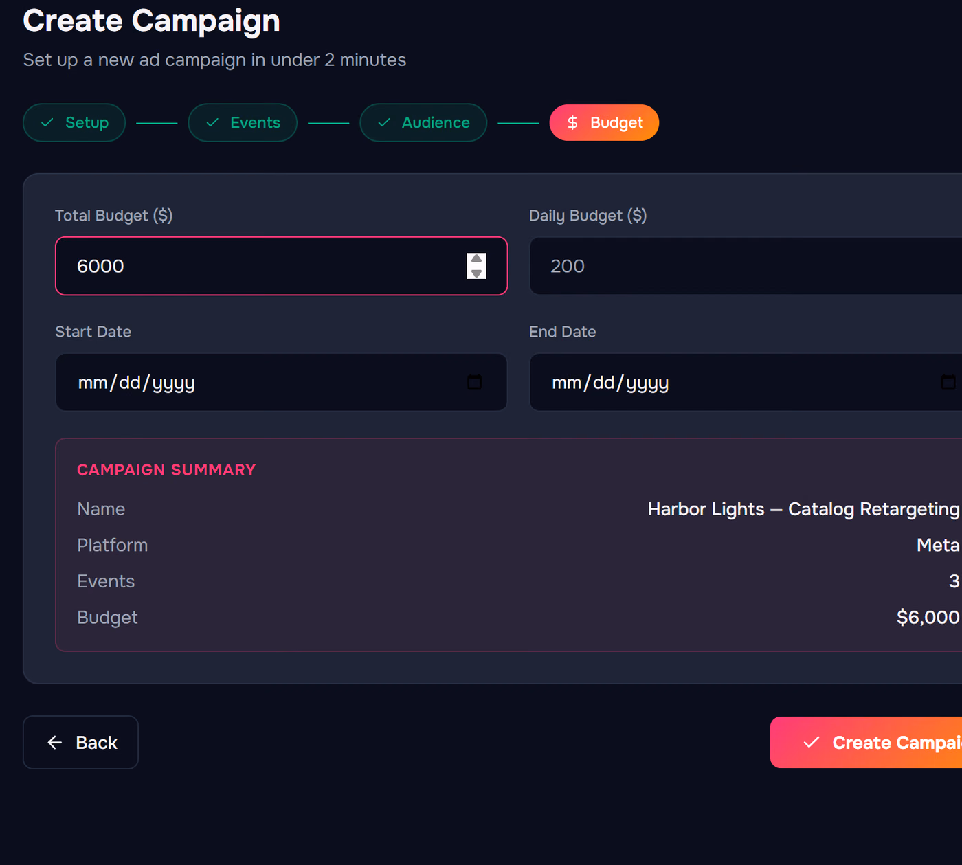 Step four of the Pixl Ads campaign builder: budget and schedule