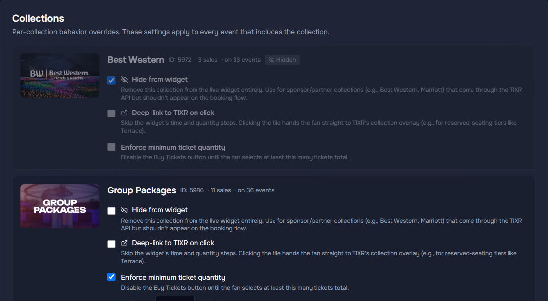 The Collections tab: each TIXR collection with its artwork and three switches: hide from widget, deep-link to TIXR on click, enforce minimum ticket quantity