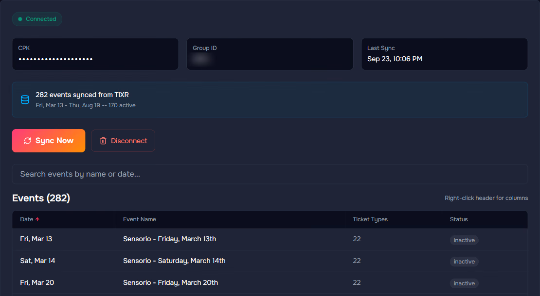 The Events tab: the TIXR connection, 282 events synced, Sync Now, and the synced events with their ticket type counts