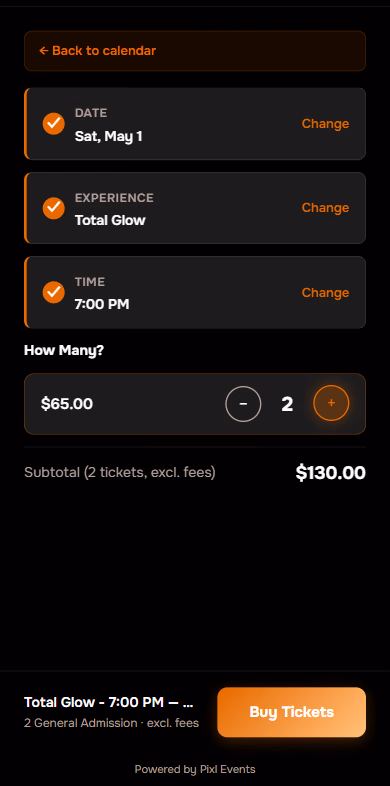 The booking widget on a phone with two tickets chosen and the Buy Tickets footer