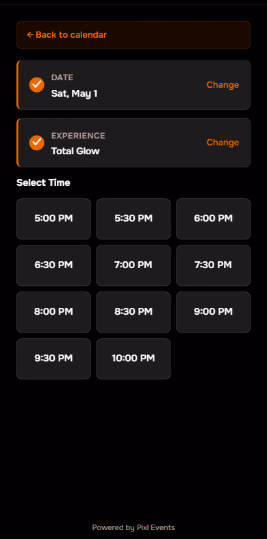 The booking widget on a phone at the entry-time step