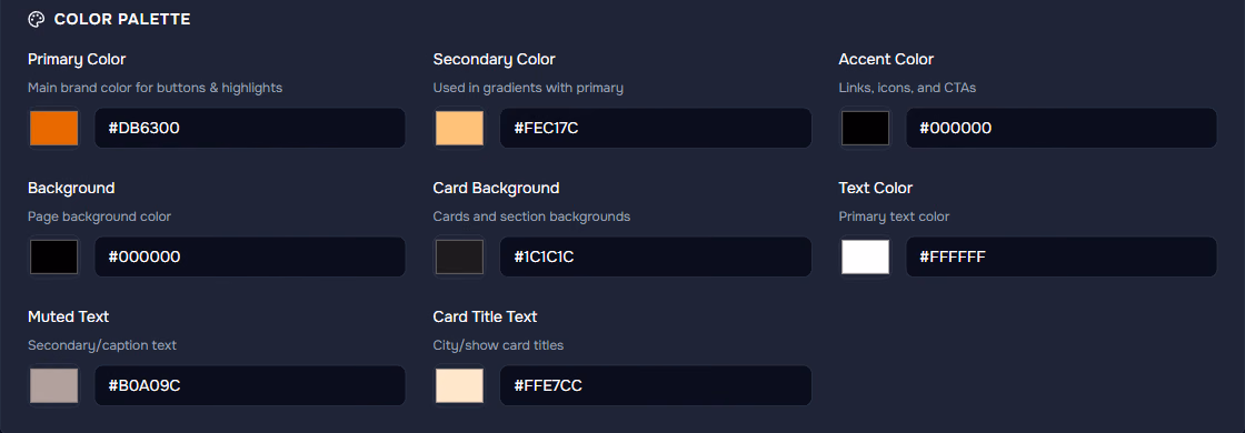 Theme settings: the complete colour palette