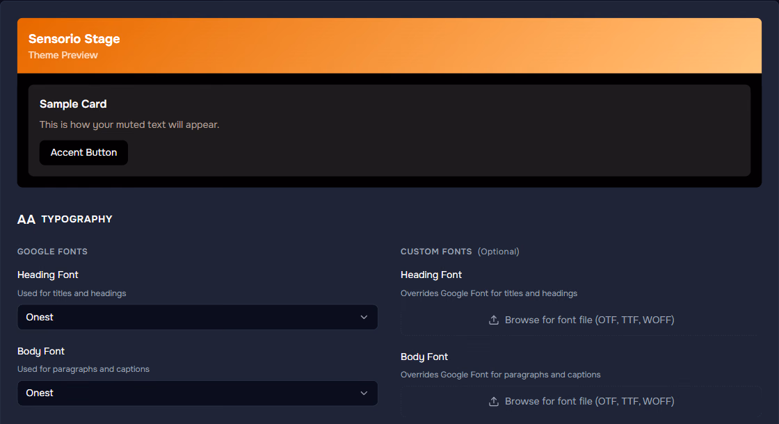 Theme settings: the live theme preview card and Google or custom font pickers