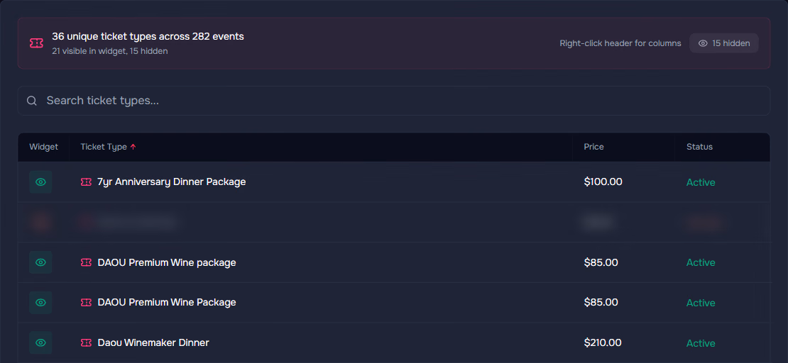 The Ticket Types tab: 36 ticket types across 282 events with a visibility toggle on each