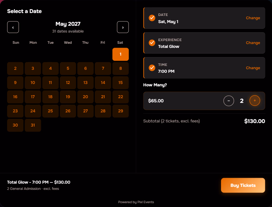 The quantity step with two tickets chosen: subtotal excluding fees and the Buy Tickets footer