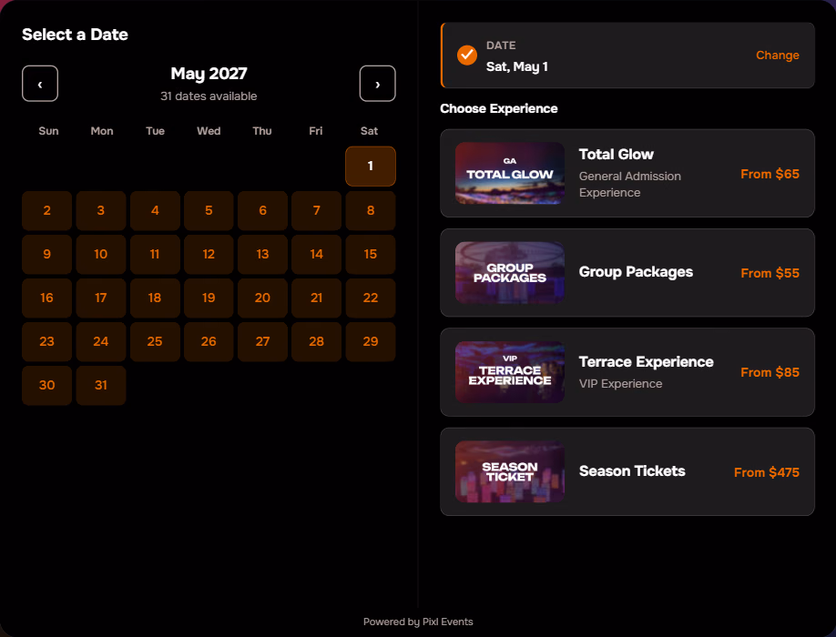 The booking widget after a date is chosen: the chosen date collapsed to a summary bar and the experience cards with TIXR artwork and From prices