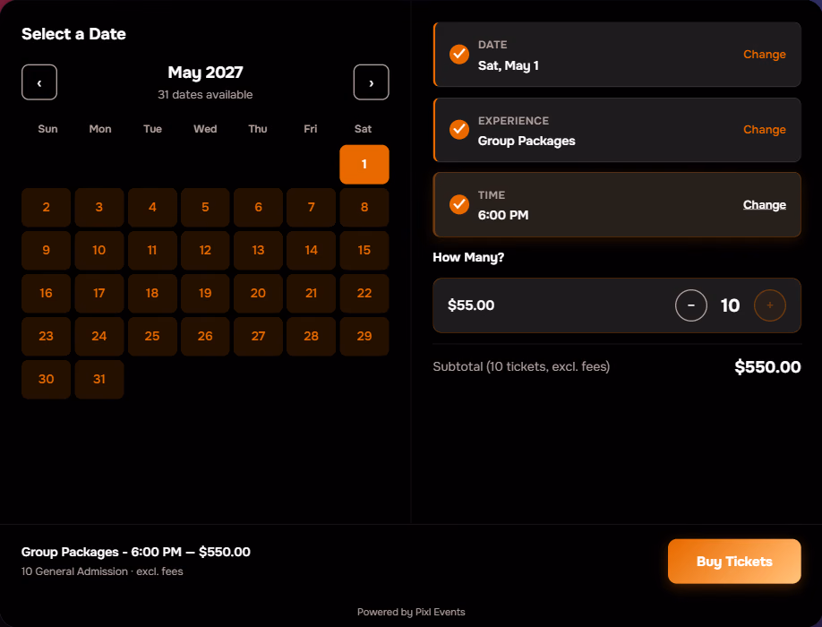 A group package with a minimum quantity of ten pre-filled and a $550 subtotal