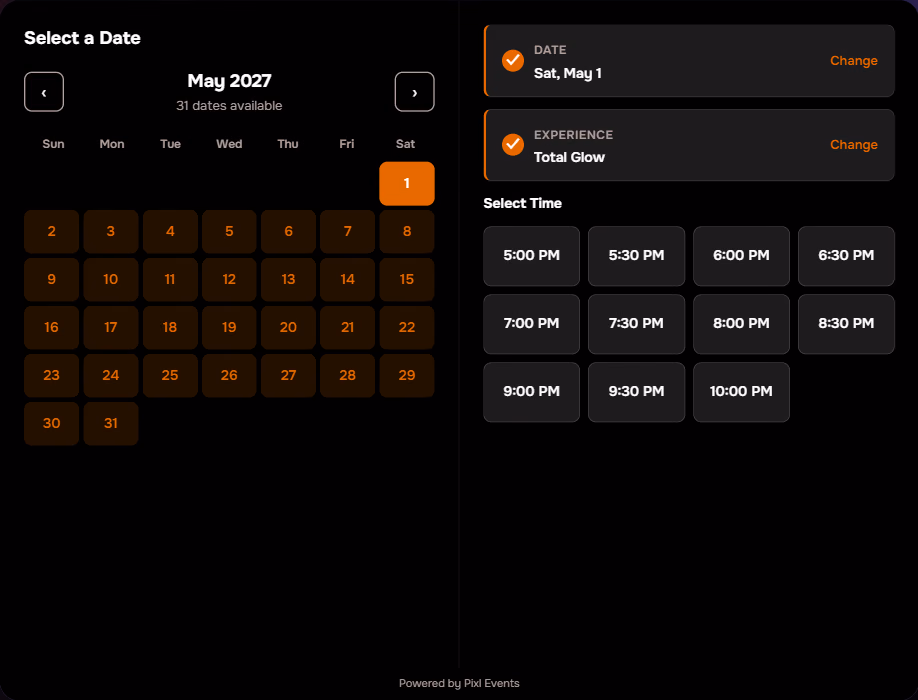 The booking widget at the entry-time step: eleven entry times as a grid